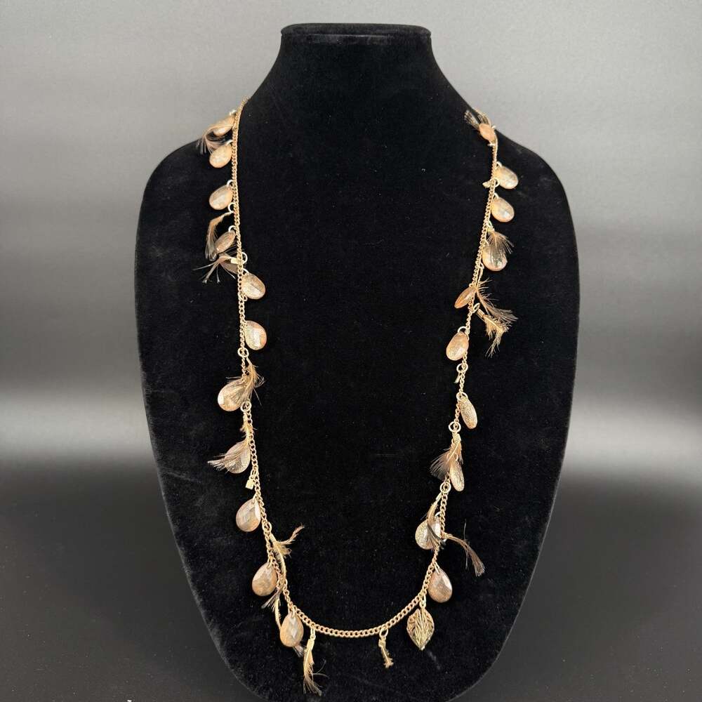 Vintage Gold Tone Boho Long Chain Station Necklace Feathers Teardrop Charms